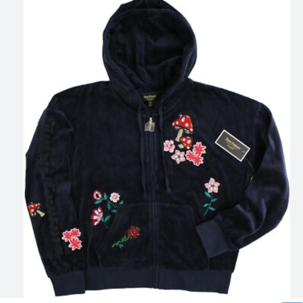 Juicy Couture Black Label Navy Velour Hoodie with Floral Embroidery – rare